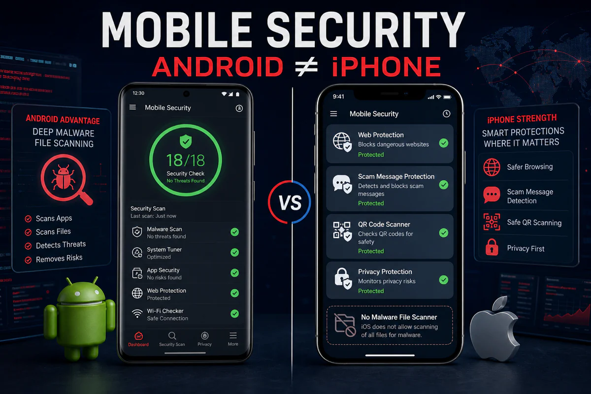 Trend Micro Mobile Security review comparing Android app scanning with iPhone web and scam protection