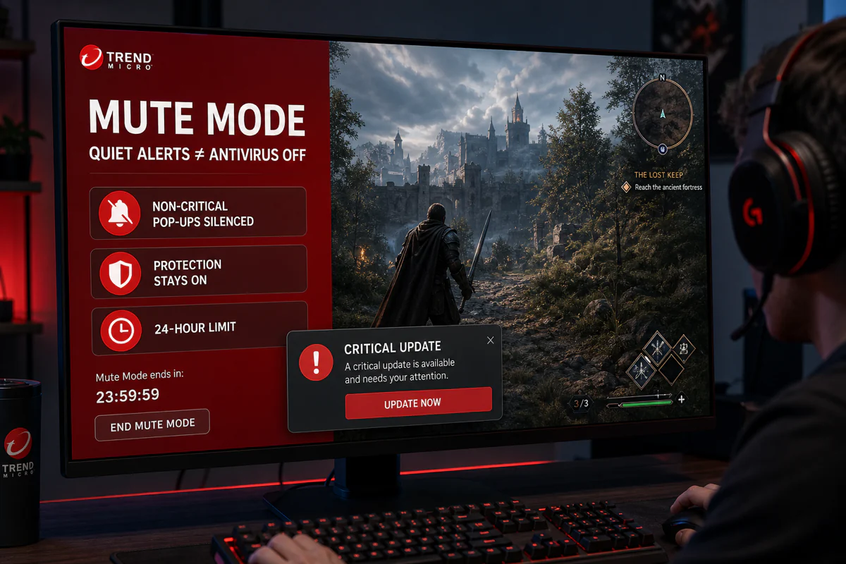 Trend Micro Mute Mode guide showing quiet non-critical alerts, active protection and the 24-hour limit