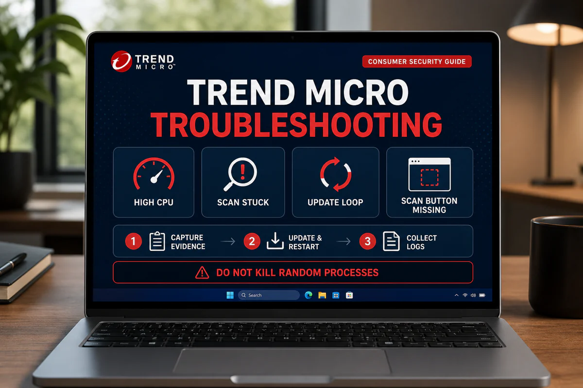 Trend Micro troubleshooting guide for high CPU, stuck scans, update loops and a missing Scan button