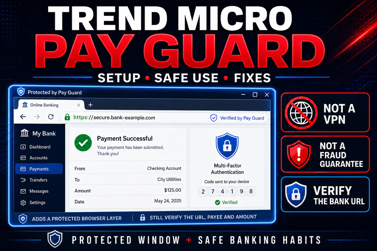 Trend Micro Pay Guard protected banking window with bank URL payee amount and security-boundary checks