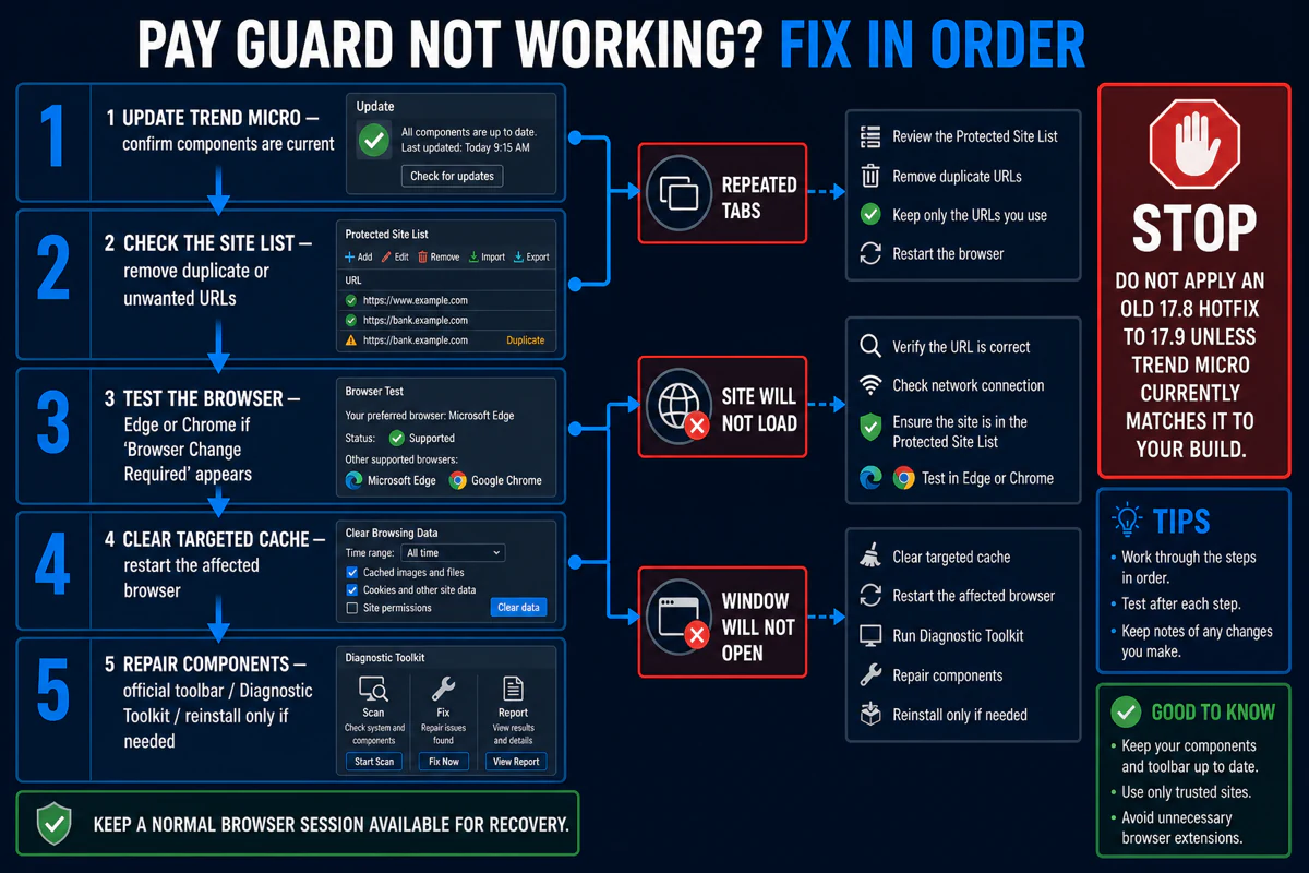 Trend Micro Pay Guard troubleshooting order for repeated tabs loading failures and a protected window that will not open