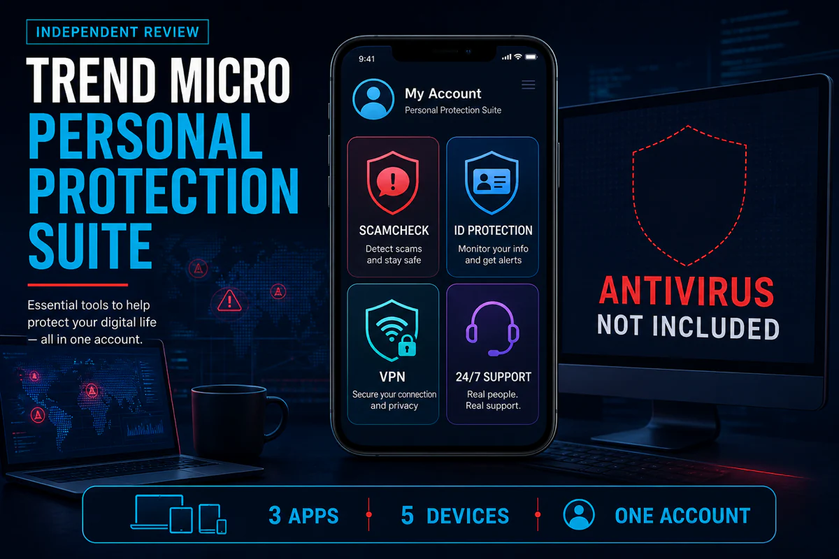 Trend Micro Personal Protection Suite review with ScamCheck ID Protection VPN support and a warning that endpoint antivirus is not included