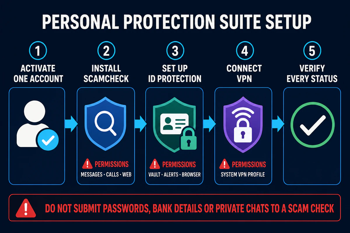 Personal Protection Suite setup workflow for account ScamCheck ID Protection VPN permissions and final status verification