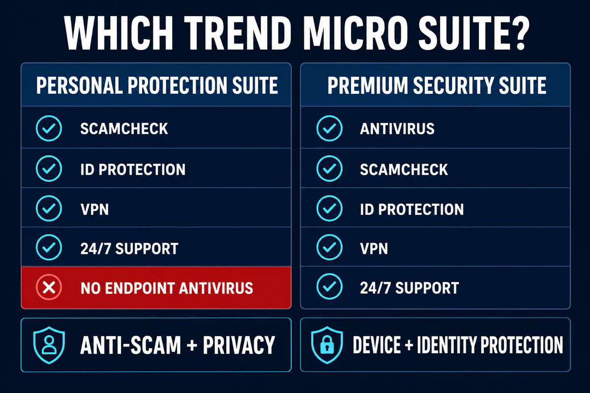 Personal Protection Suite versus Premium Security Suite showing that only Premium includes endpoint antivirus