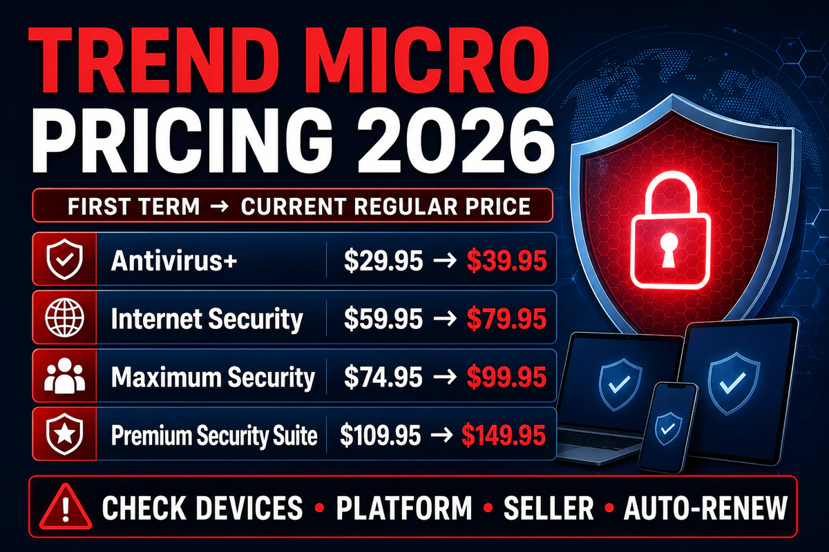 Trend Micro Antivirus Plus Internet Maximum and Premium Security first-term and regular prices checked August 1 2026