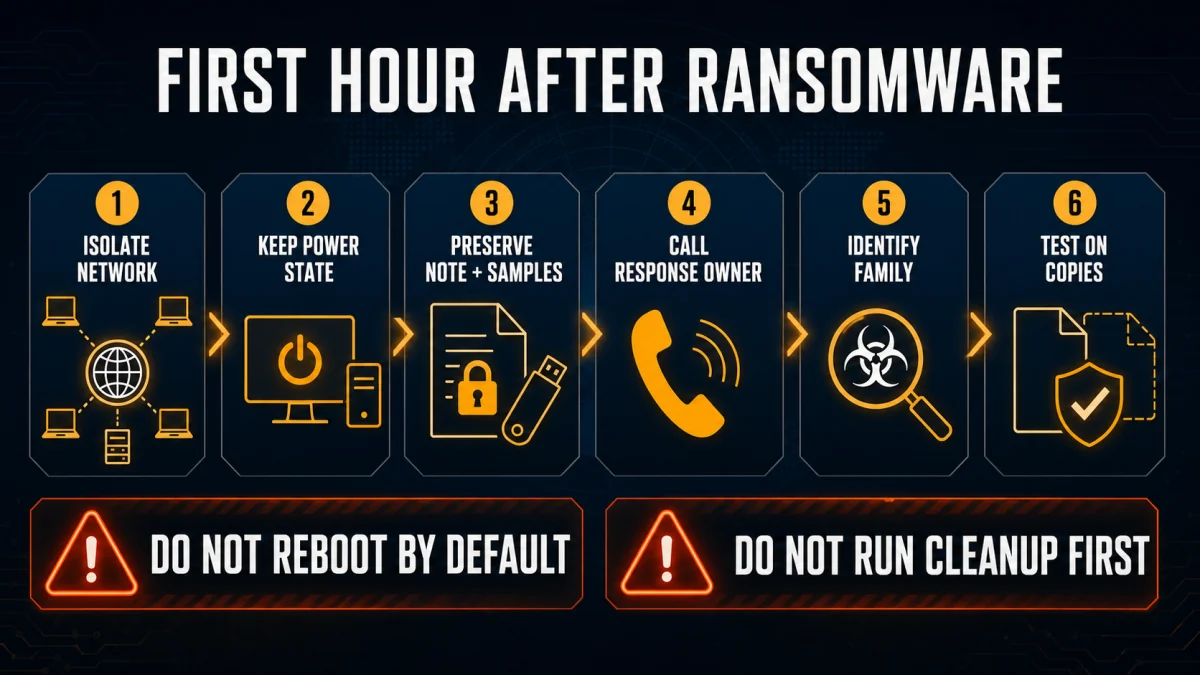 Six first-hour ransomware actions covering isolation, power state, evidence, escalation, identification and testing copies
