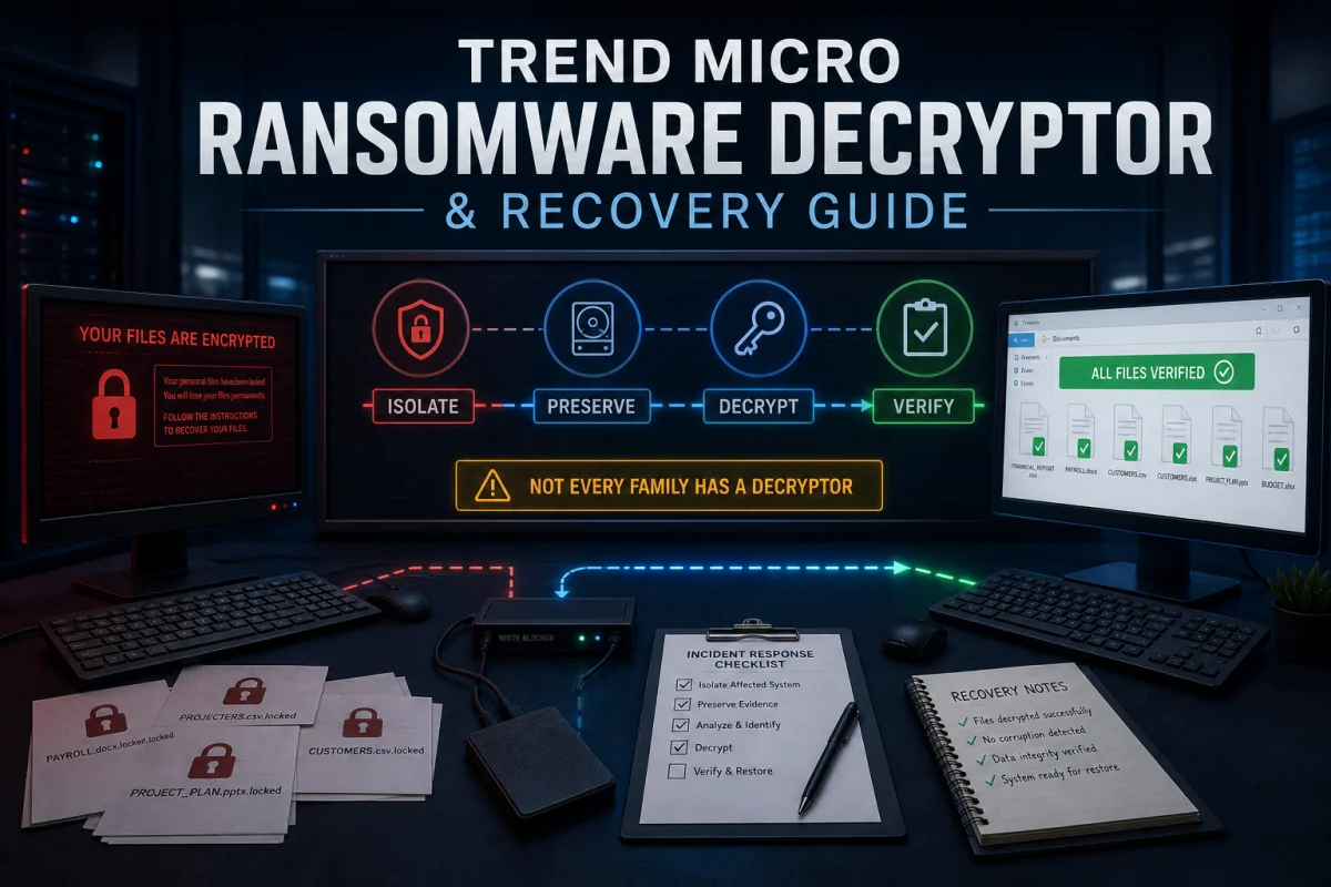 Ransomware recovery sequence isolating the device, preserving evidence, decrypting copies and verifying recovered files
