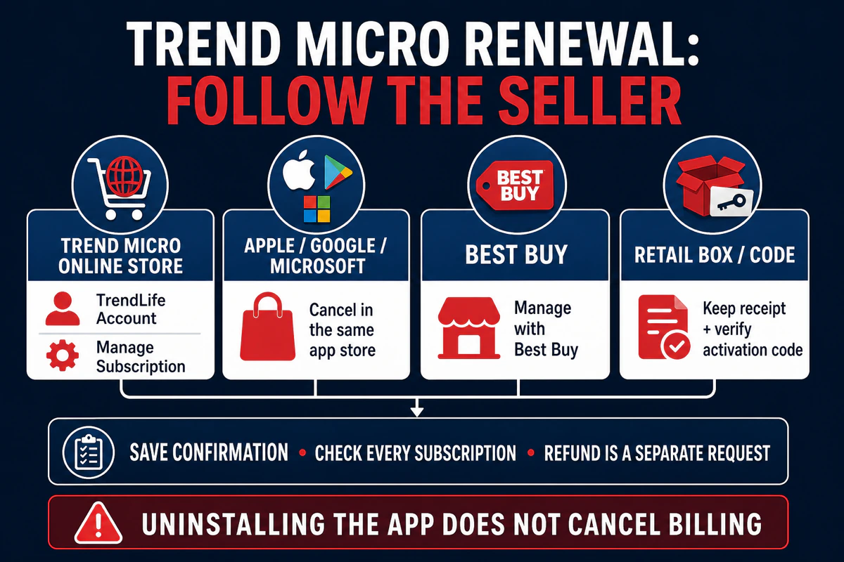 Trend Micro renewal paths for direct store app stores Best Buy and retail activation codes