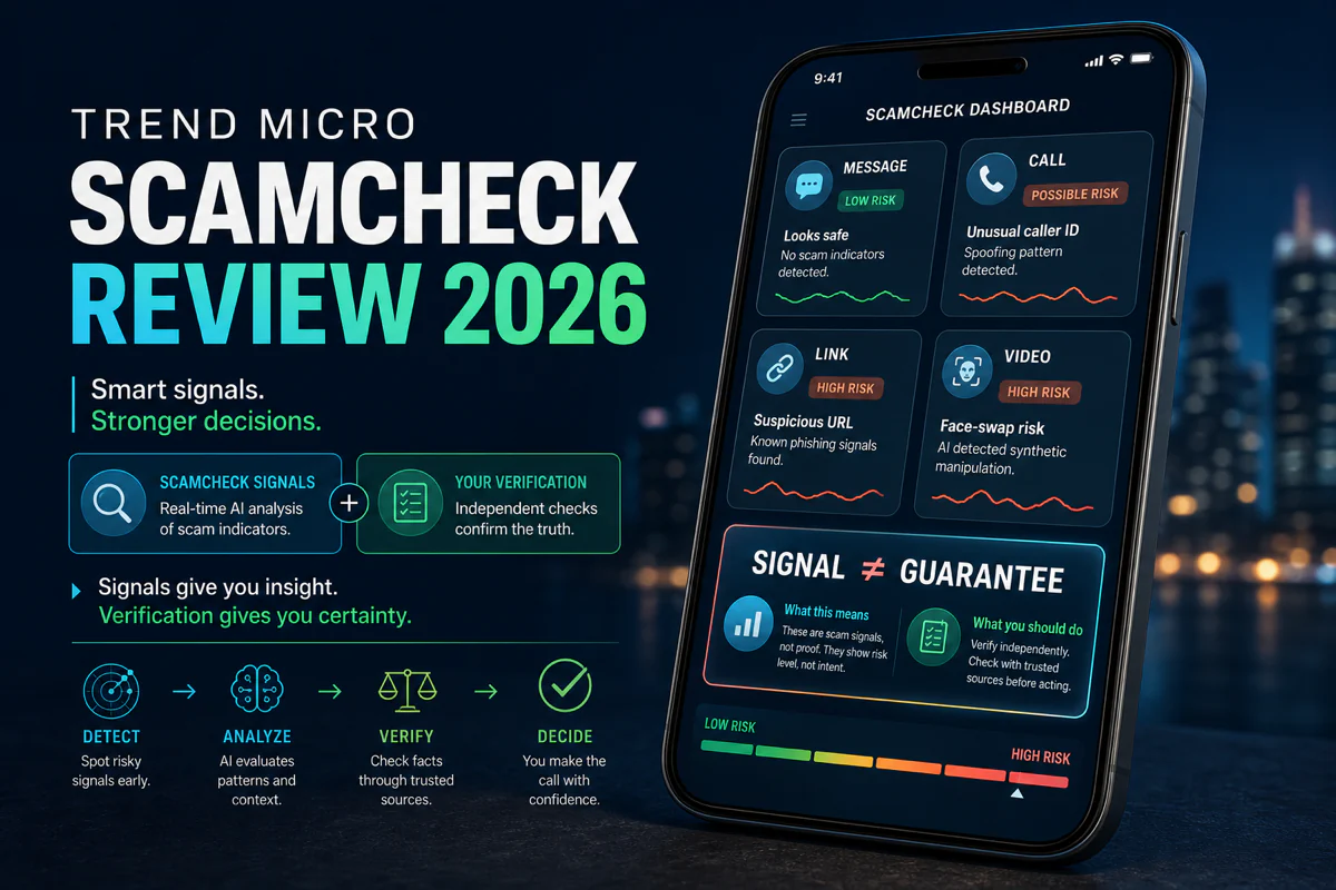 Trend Micro ScamCheck review dashboard assessing message call link and video risks with independent verification
