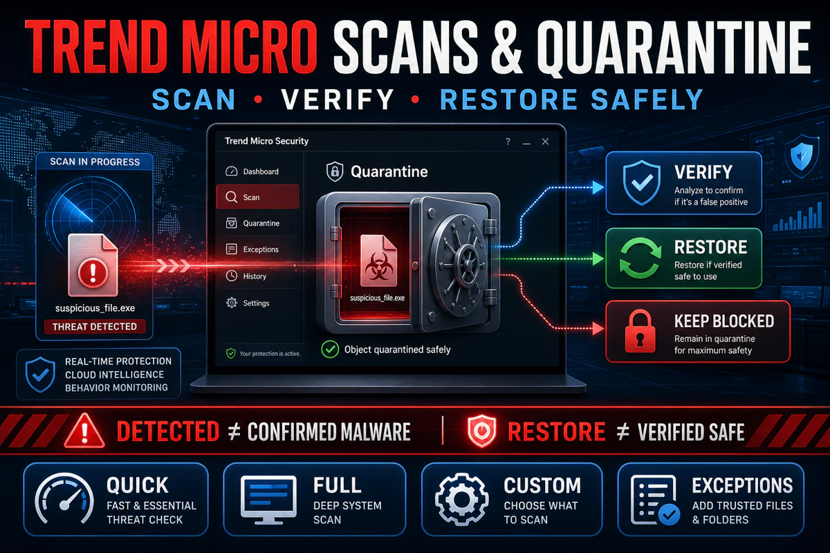 Trend Micro scan moving a detected file into quarantine before verification restore or continued blocking