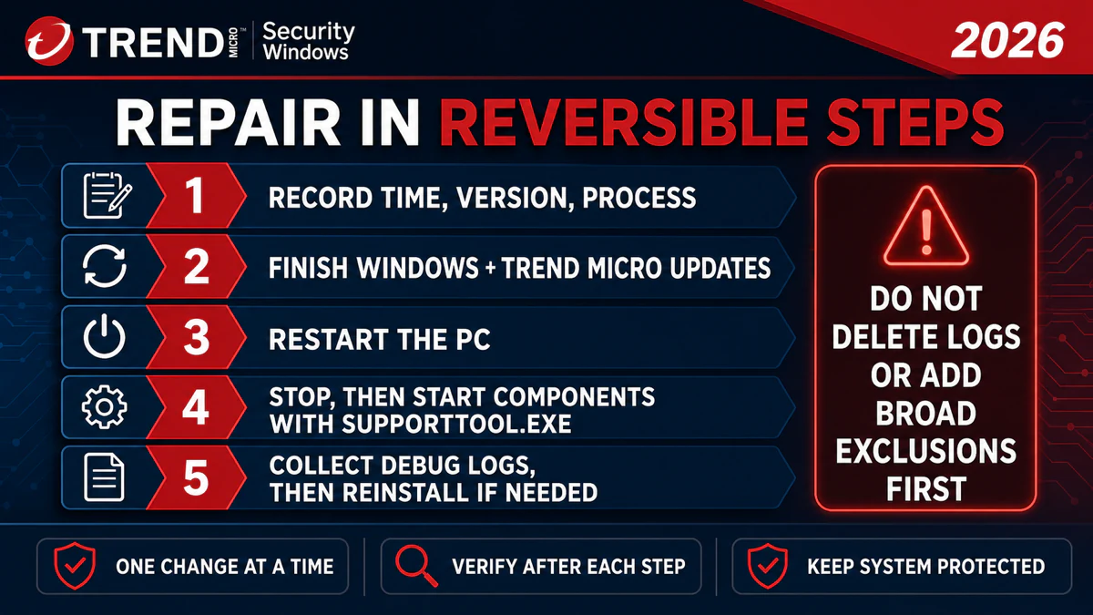 Reversible Trend Micro repair steps from evidence and updates through component restart, logs and reinstall