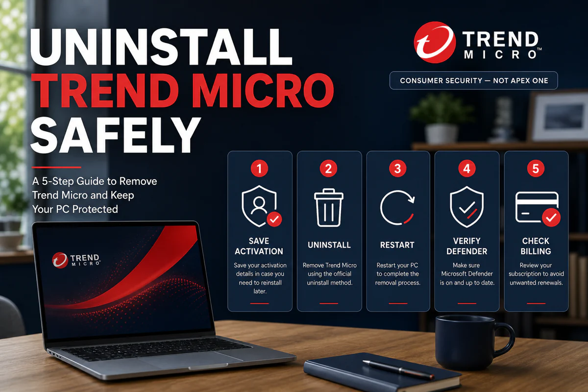 Safe Trend Micro uninstall sequence covering activation, restart, Defender and billing checks
