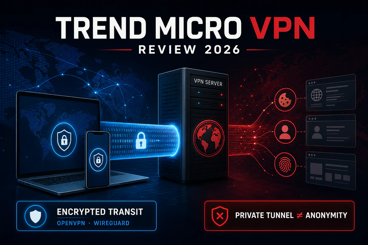 Trend Micro VPN review showing encrypted traffic to a VPN server while cookies accounts and fingerprints remain visible