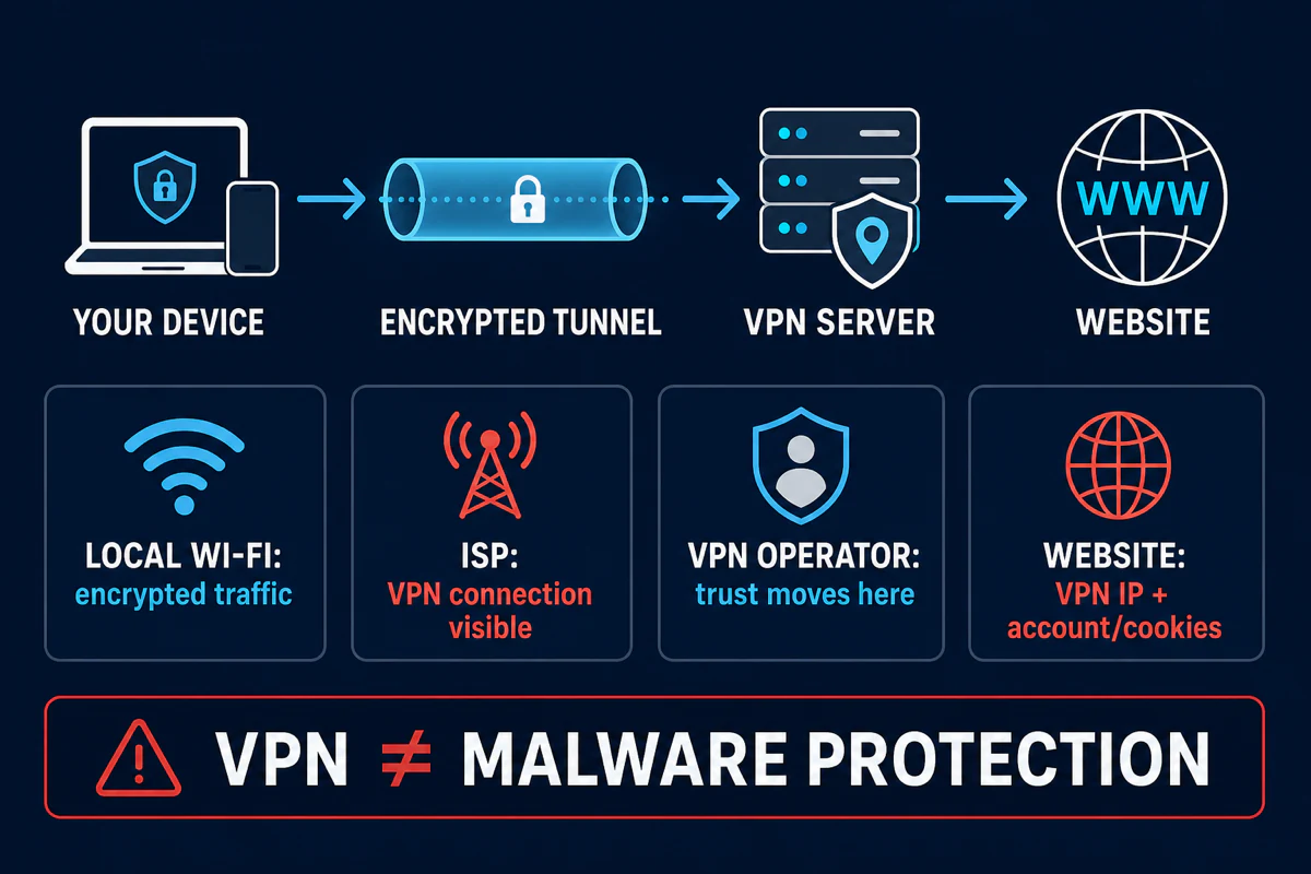 VPN traffic boundary from device through encrypted tunnel and VPN server to a website with visibility at each point