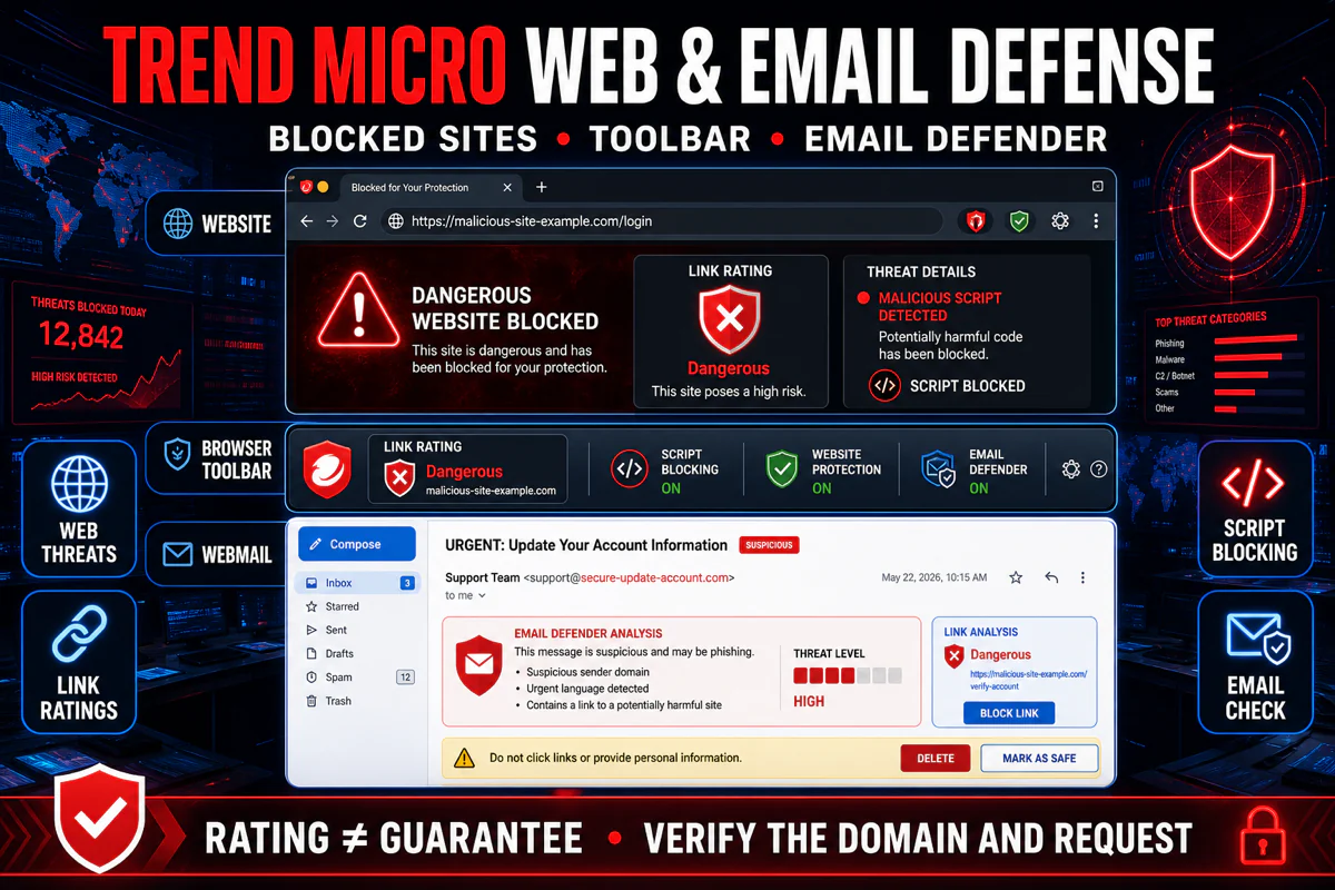 Trend Micro Web Threat Protection browser Toolbar and Email Defender checking a hostname script and phishing message