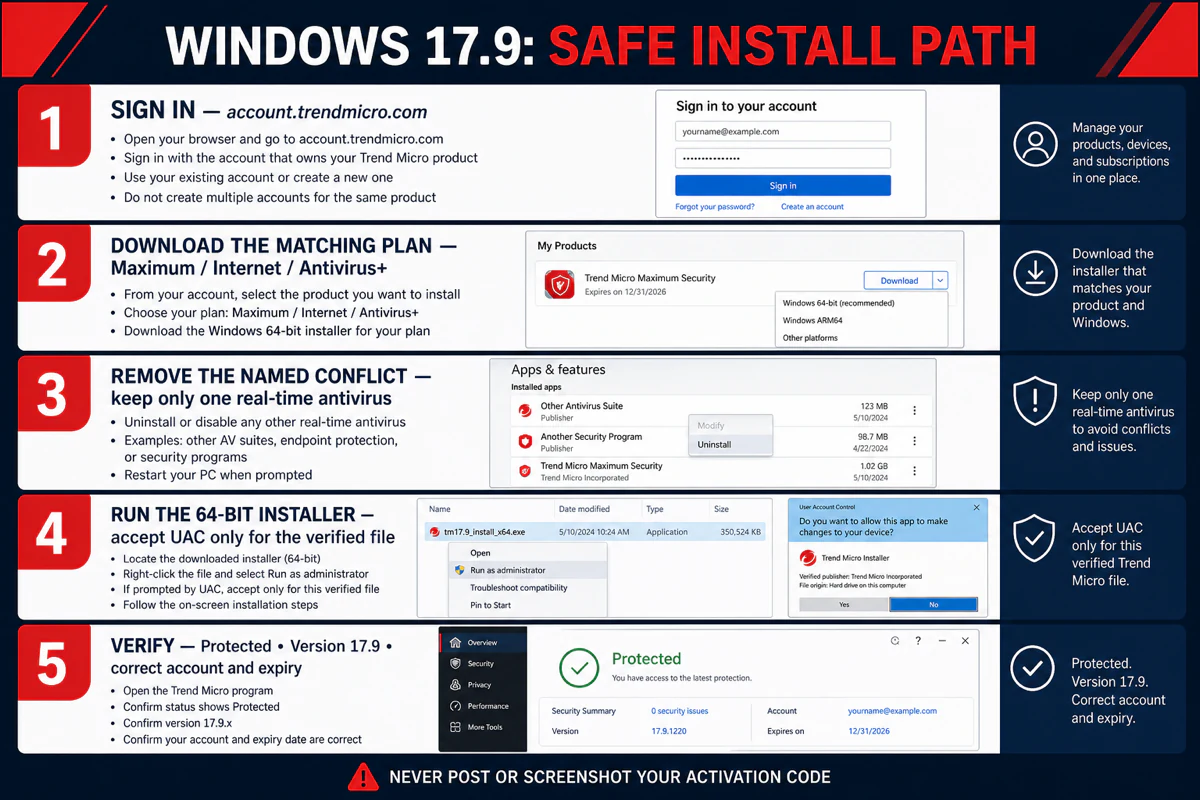 Five-step Trend Micro Windows 17.9 installation path from account sign-in to Protected status verification