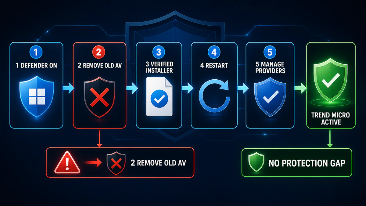 Safe Windows antivirus handoff from Microsoft Defender to a verified Trend Micro installation