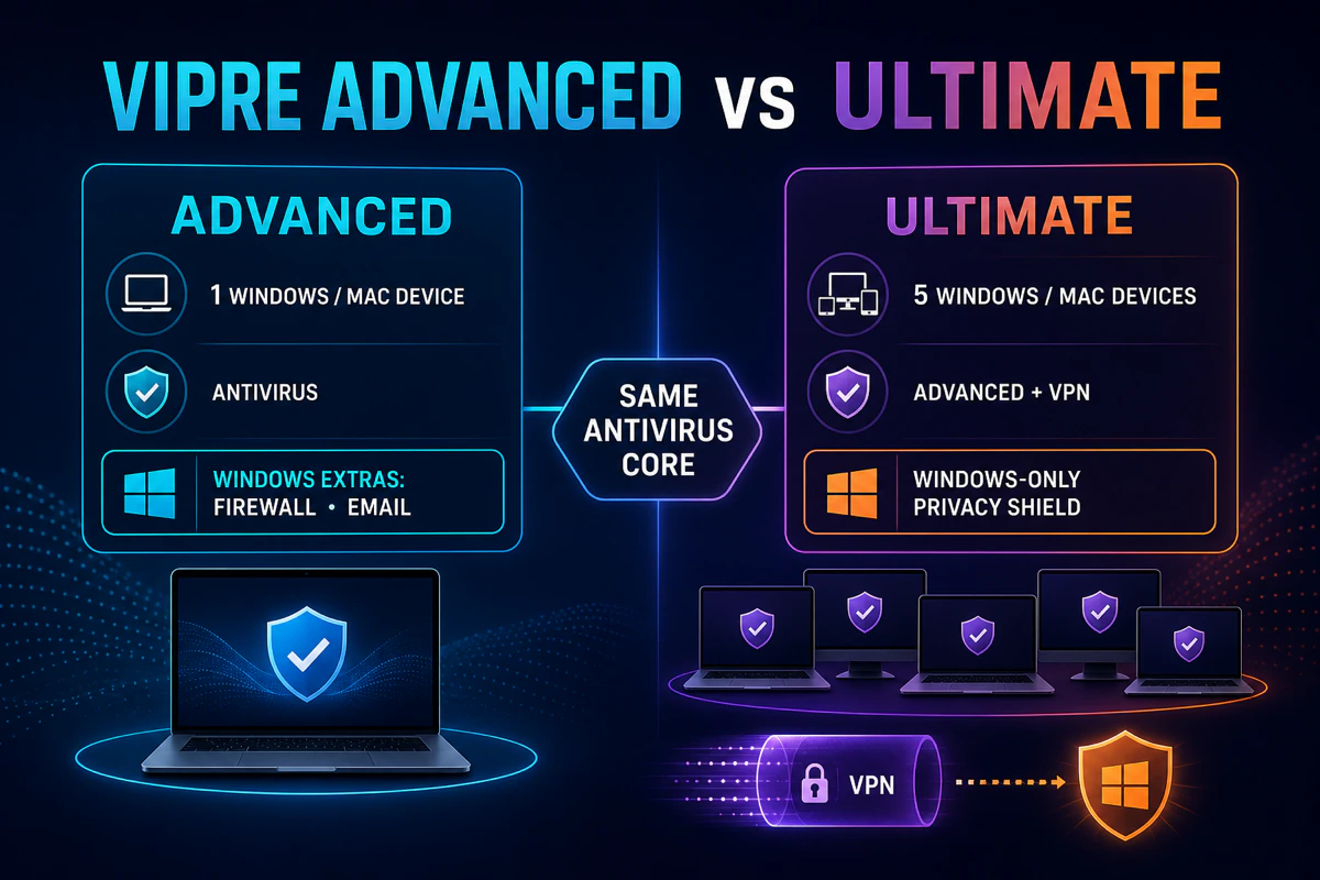 VIPRE Advanced versus Ultimate comparison with shared antivirus core device limits VPN and Windows-only Privacy Shield