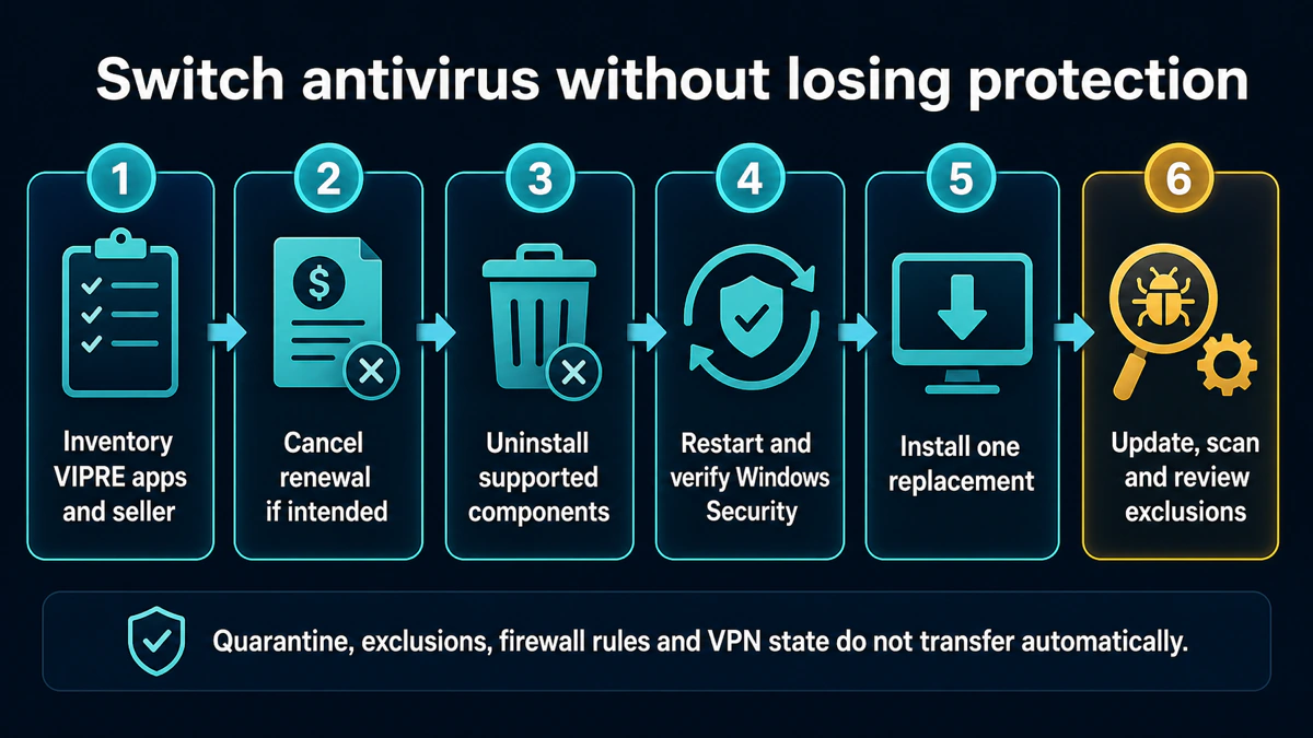 Six-step safe migration from VIPRE inventory and cancellation through uninstall provider verification and one replacement