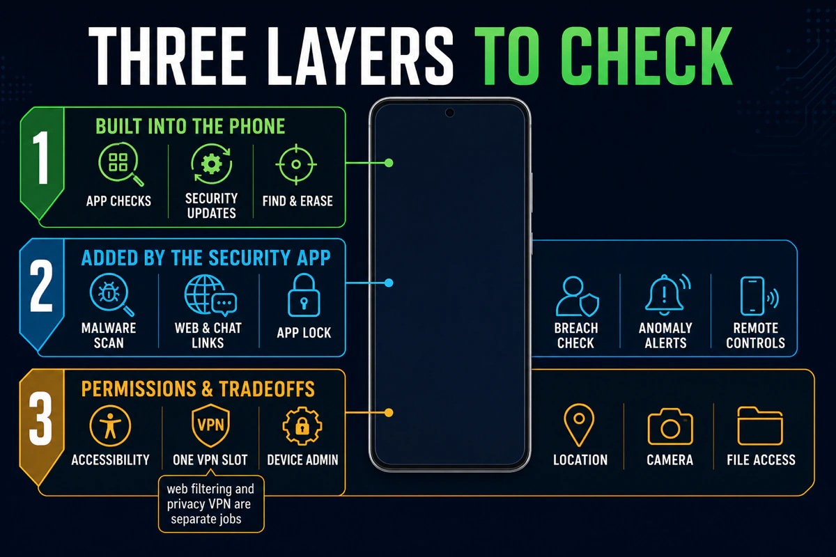 Android security layers comparing built-in protection VIPRE features and Accessibility VPN Device Admin location camera permissions