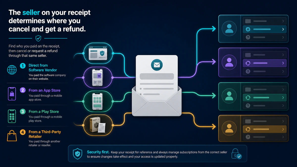Receipt routing map for direct VIPRE Apple Google Play and third-party retailer subscription charges
