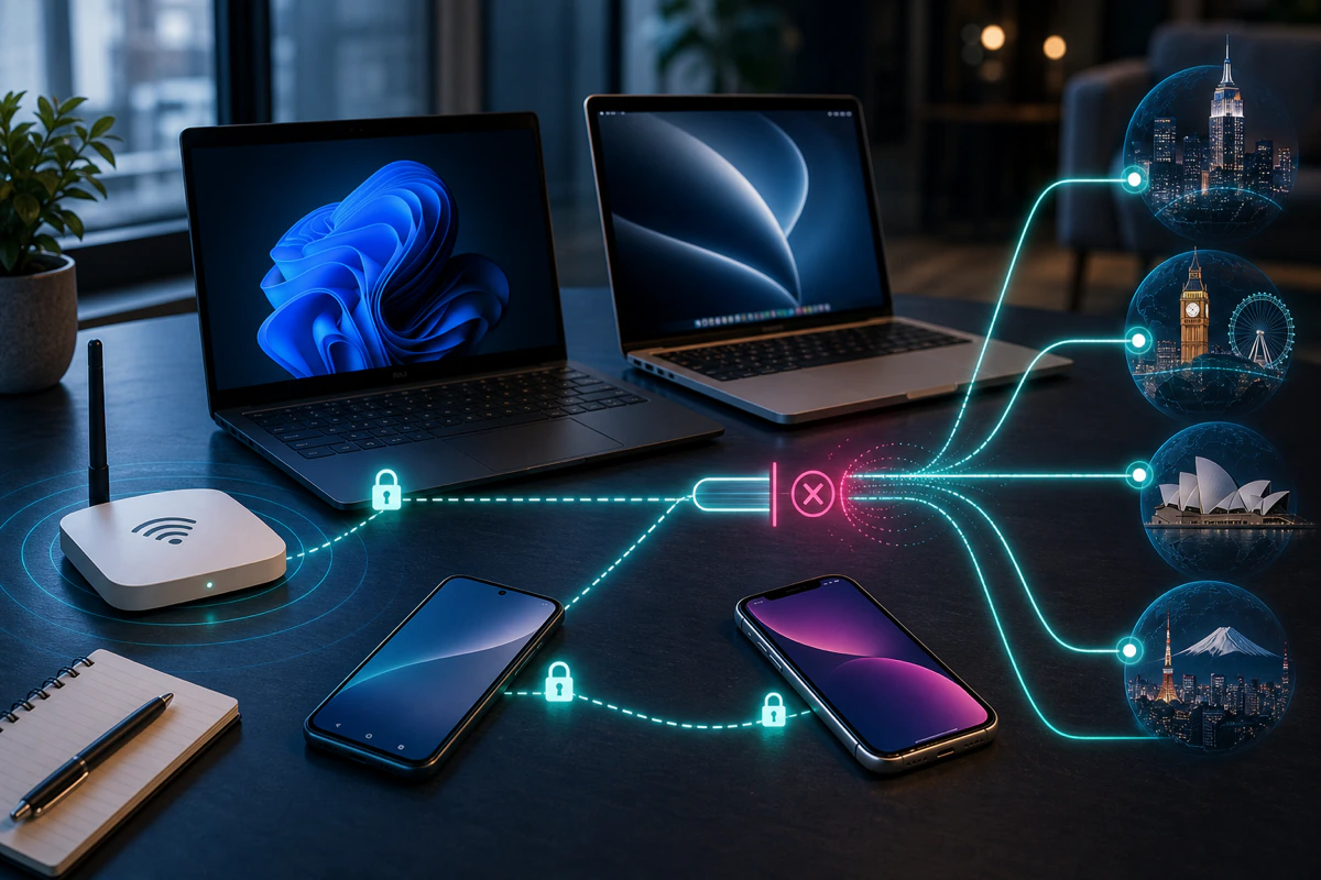 VIPRE Internet Shield VPN review across Windows Mac Android and iPhone with public Wi-Fi server route and kill-switch check