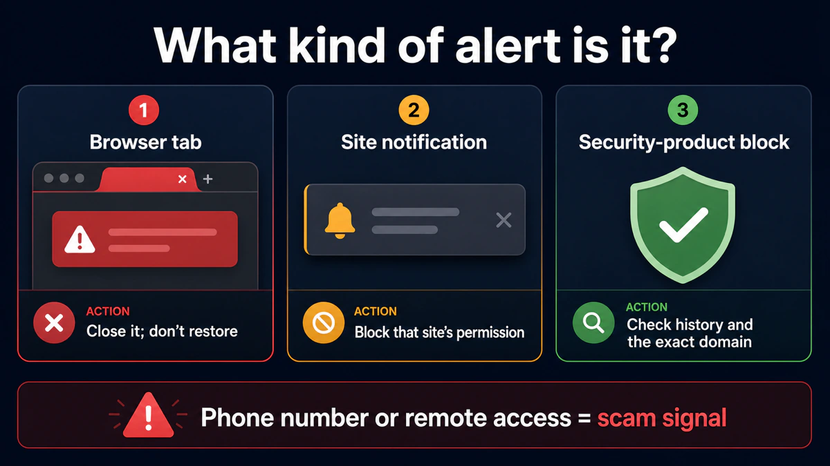 Decision map separating a browser scam tab site notification and genuine VIPRE security-product block