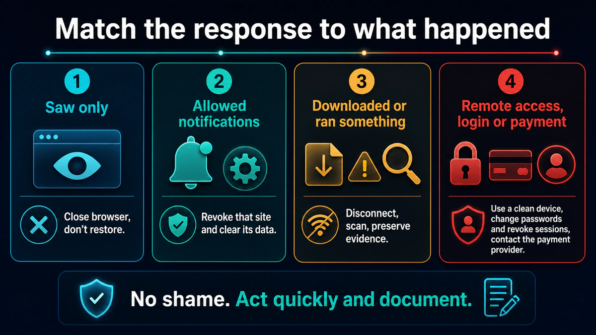 Four-level response map for seeing a fake pop-up allowing notifications running a download or granting remote access