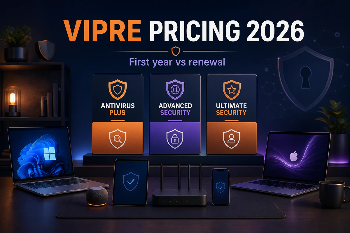 VIPRE Pricing 2026 guide comparing first-year and renewal costs for three home security plans