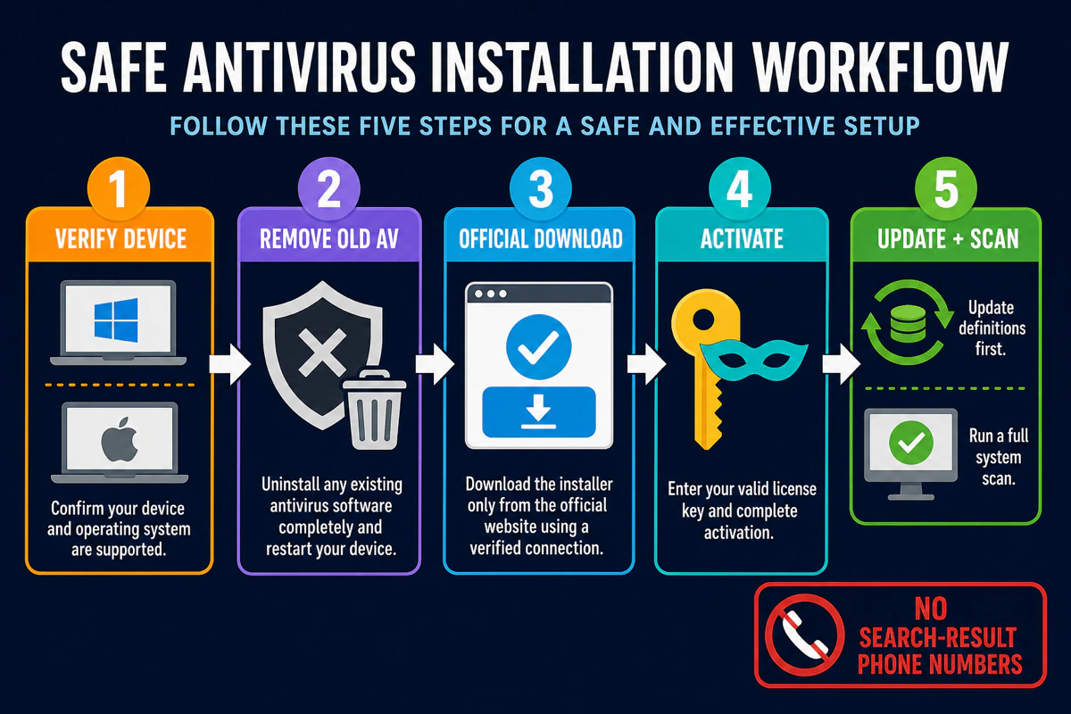 Five-stage VIPRE installation workflow from device check and old antivirus removal to activation updates and first scan