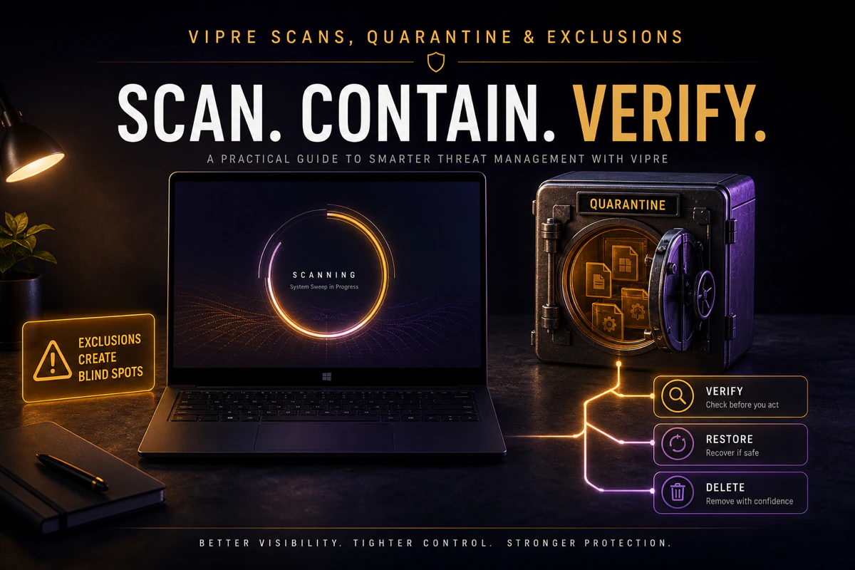 VIPRE scan quarantine and exclusion workflow with verify restore and delete decisions