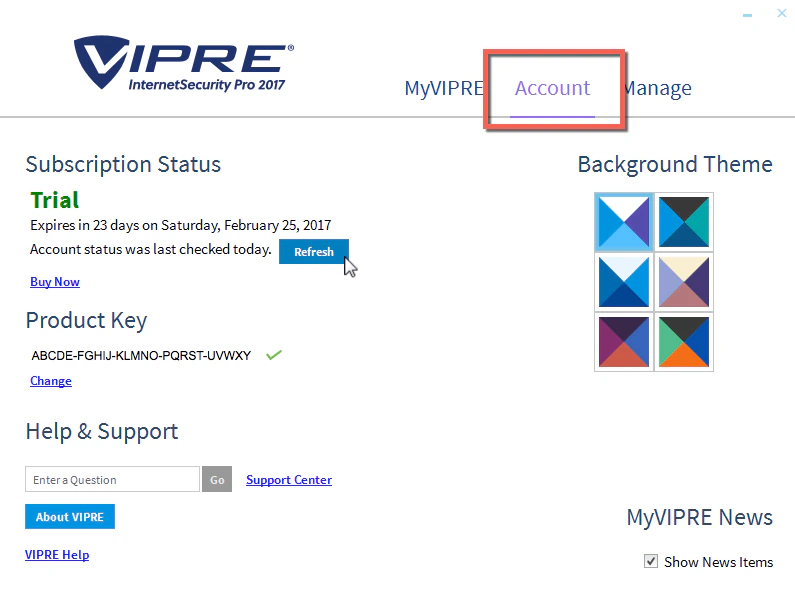 Legacy official VIPRE Account screen showing Trial status Refresh and Product Key Change controls