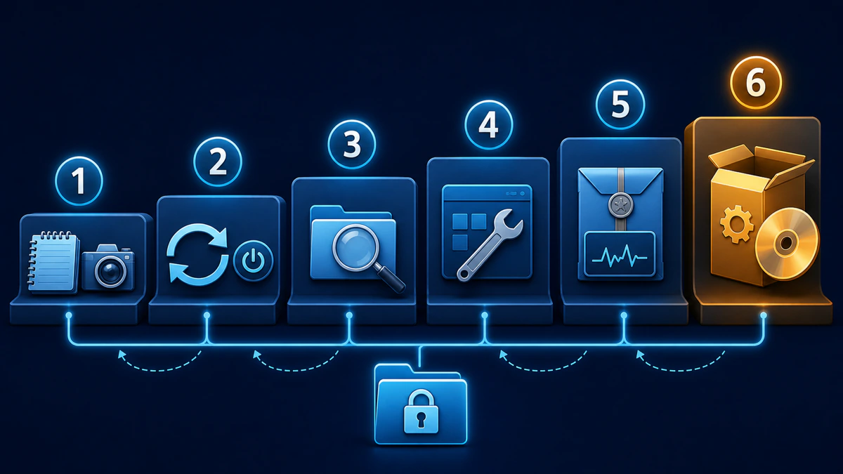 Six-step VIPRE repair ladder from evidence and updates to repair support packet and reinstall last