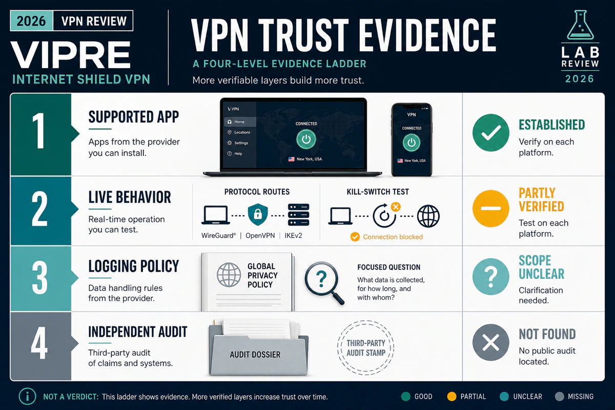 VPN trust evidence from supported app and protocol tests to product logging policy and independent audit