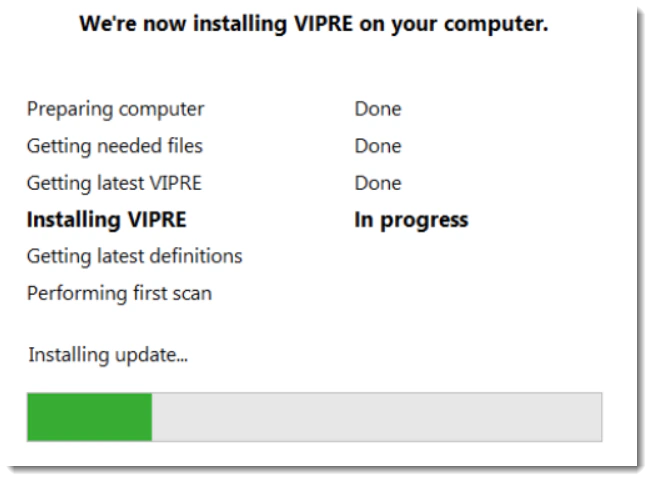 Official VIPRE Windows installer progress showing files definitions and first scan stages