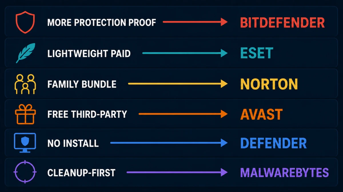 Webroot alternatives decision map choosing Bitdefender ESET Norton Avast Defender or Malwarebytes by replacement need
