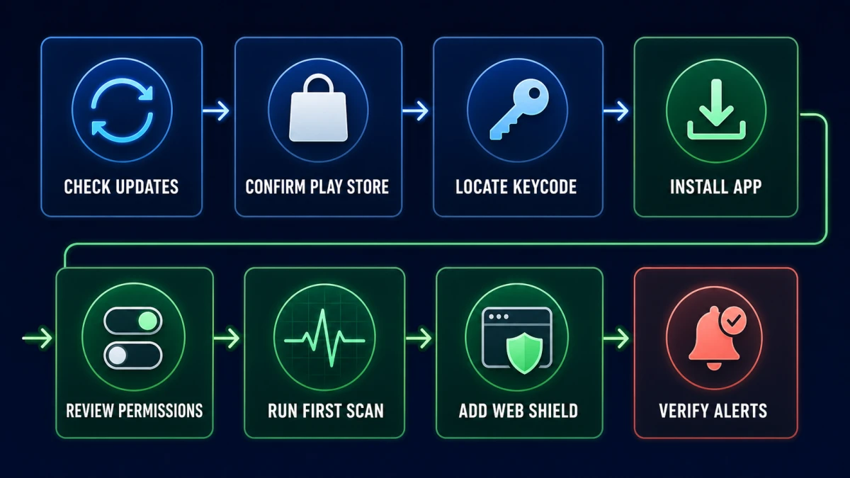 Eight-step Webroot Chromebook update Play Store keycode app permission scan web shield and alert verification workflow