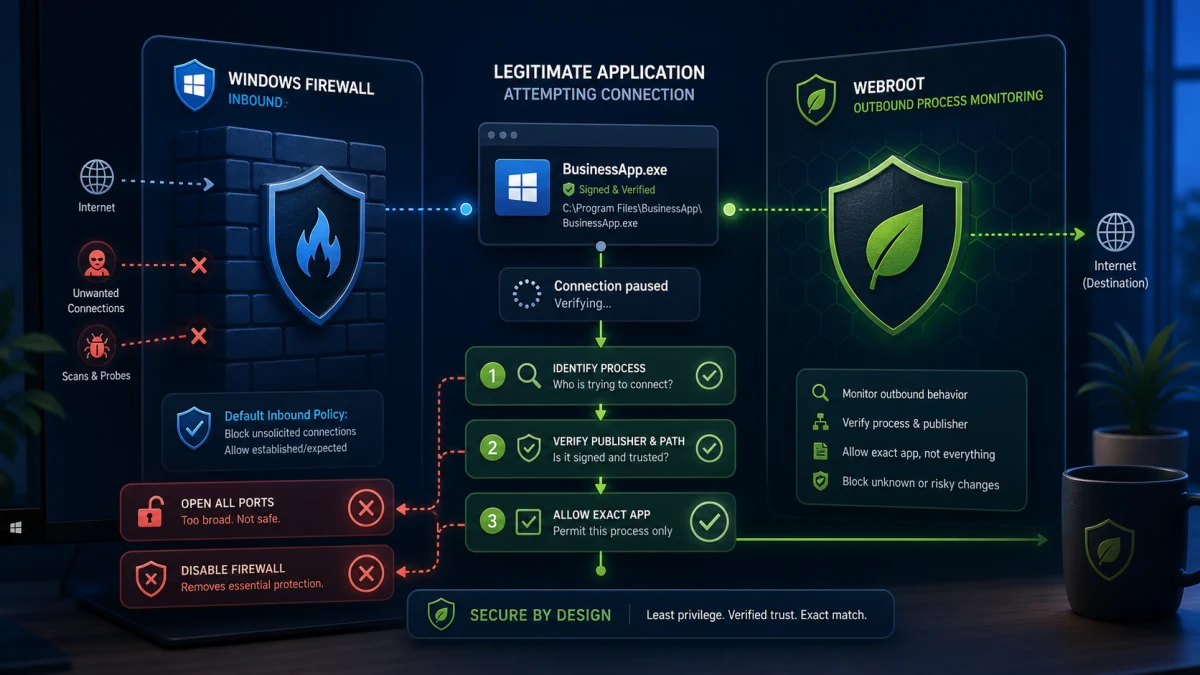 Webroot outbound and Windows inbound firewall app verification
