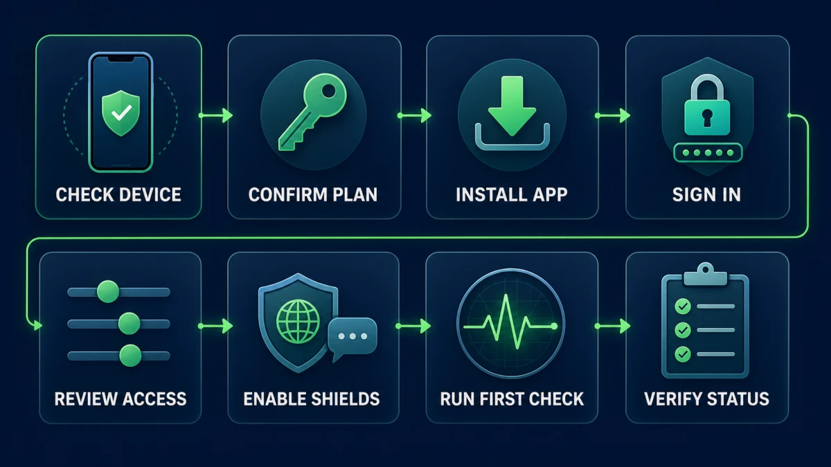 Eight-step Webroot Mobile device plan install sign-in permission shield first check and status verification workflow