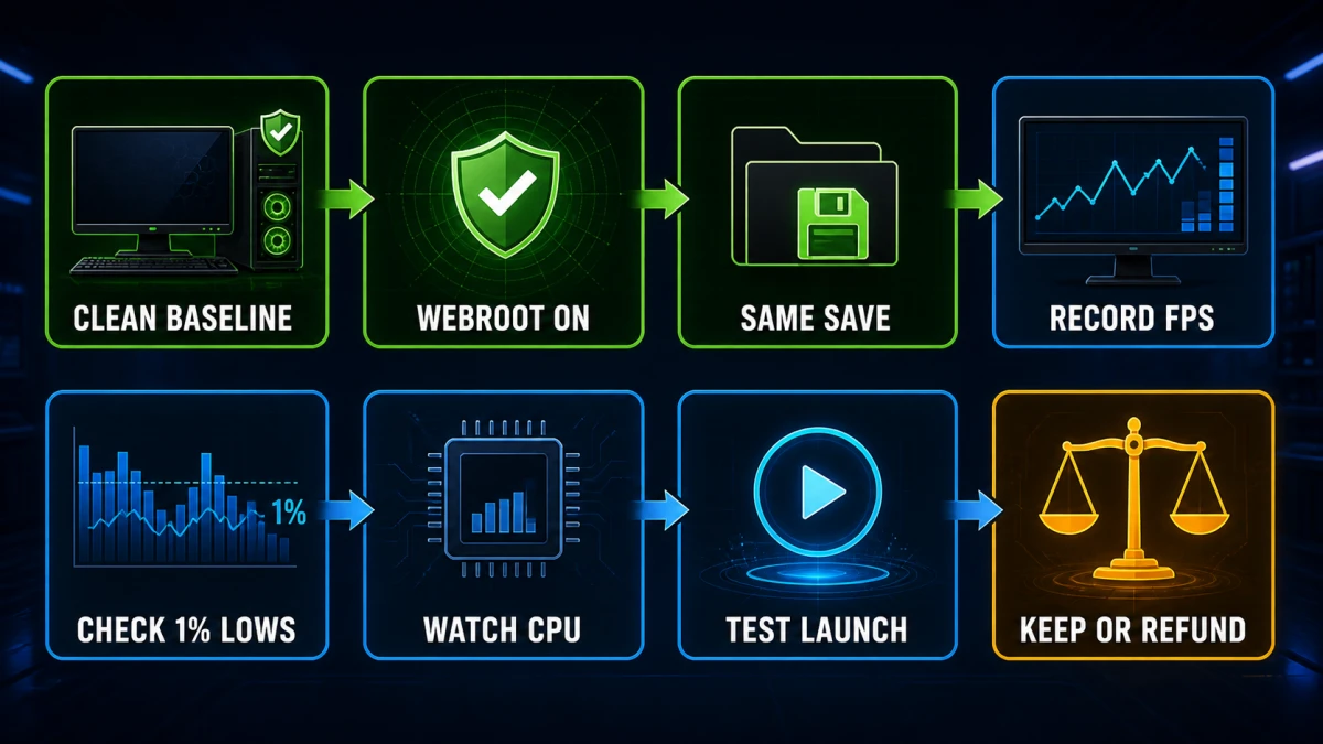 Eight-step Webroot PC gaming FPS 1% lows CPU launch and refund test workflow