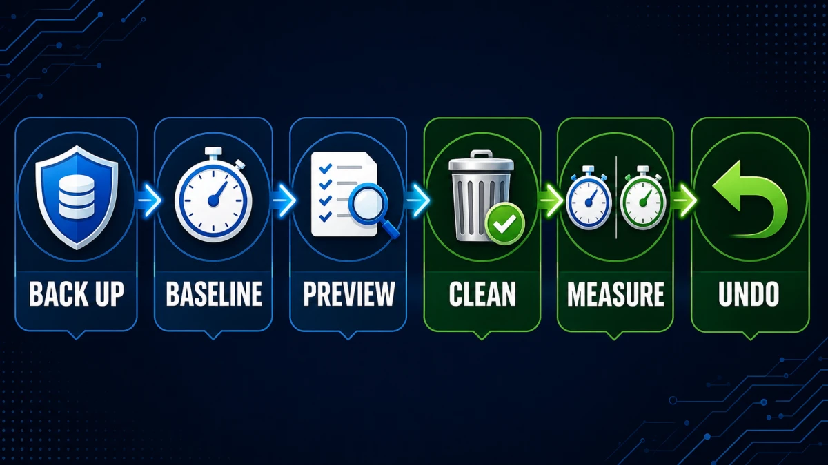 Six-step safe Webroot PC Optimizer backup preview cleanup measurement and undo workflow