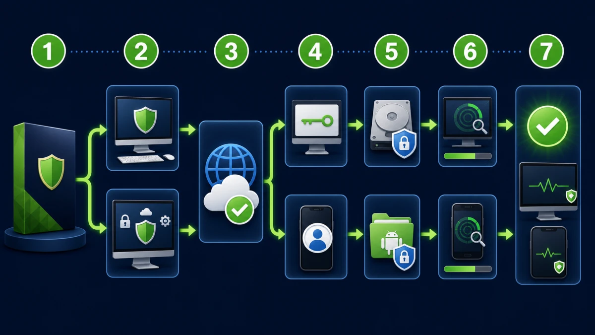 Seven-step Webroot setup route from verified download to active protection