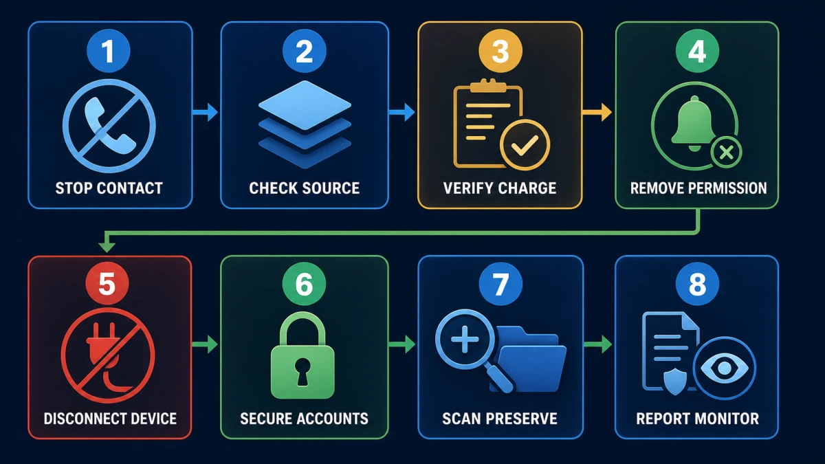 Eight-step fake Webroot support scam response from stopping contact and verifying a charge to securing accounts reporting and monitoring