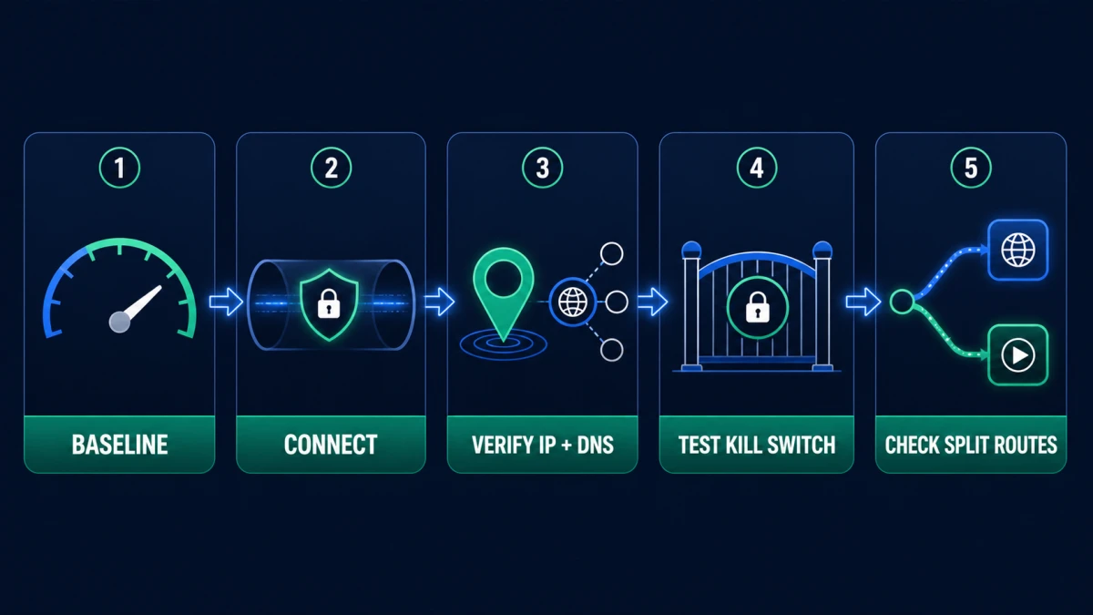 Five-step Webroot Secure VPN IP DNS kill switch and split route test