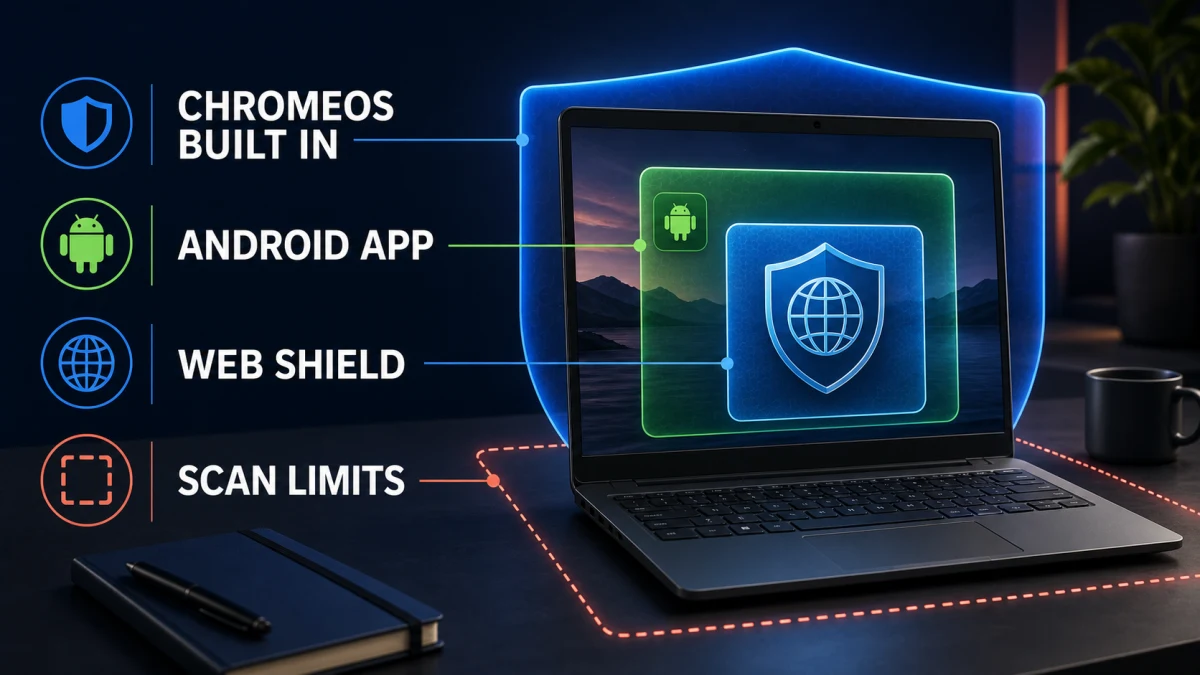 Webroot Chromebook protection layers with ChromeOS built-in security Android app web shield and scan limits