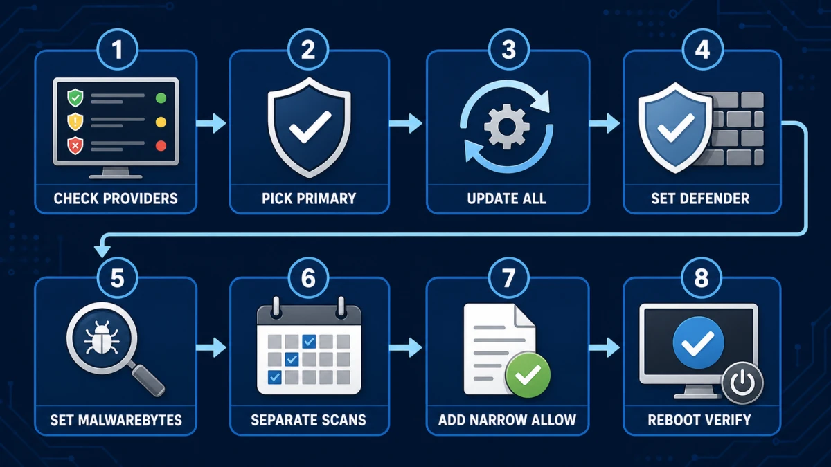 Eight-step Windows antivirus provider check for Webroot Defender and Malwarebytes with narrow exclusions and reboot verification