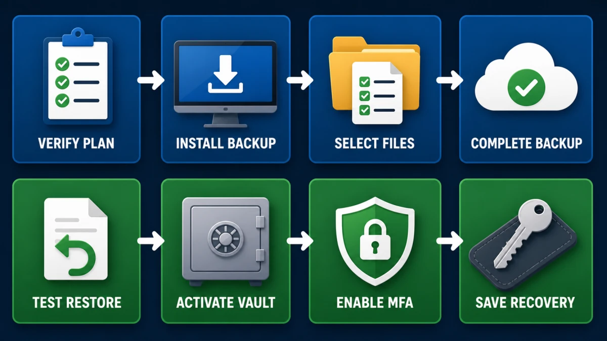 Eight-step Webroot backup restore test and LastPass MFA recovery workflow