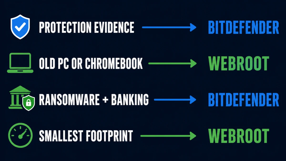Webroot vs Bitdefender decision map choosing Bitdefender for protection evidence ransomware and banking and Webroot for older PCs Chromebooks and minimum footprint