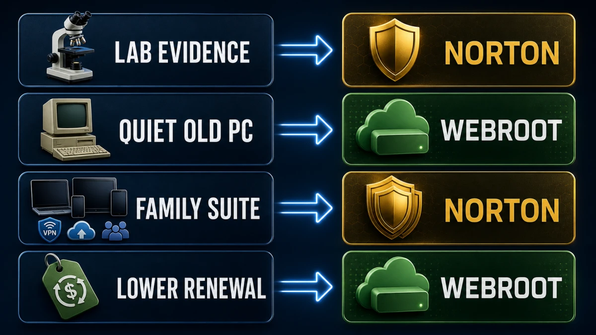 Webroot vs Norton decision map choosing Norton for lab evidence and family features and Webroot for a quiet older PC and lower basic renewal price