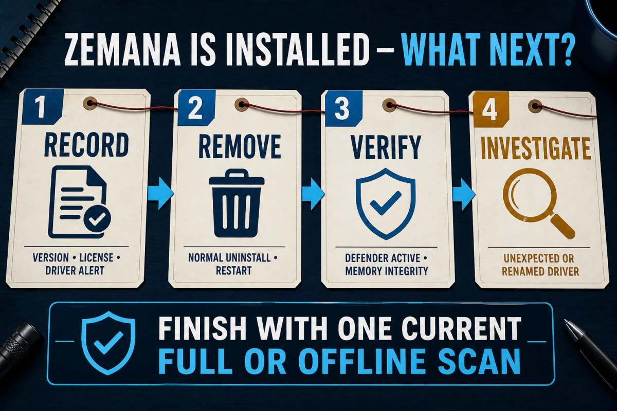 Zemana response checklist to record, uninstall, verify Windows protection and investigate unexpected drivers